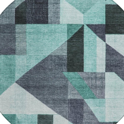 8' Teal Blue And Gray Round Geometric Washable Indoor Outdoor Area Rug HomeRoots