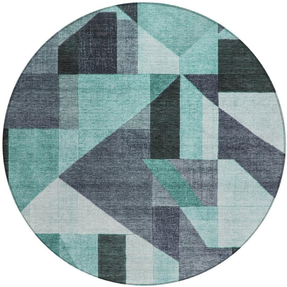 8' Teal Blue And Gray Round Geometric Washable Indoor Outdoor Area Rug HomeRoots