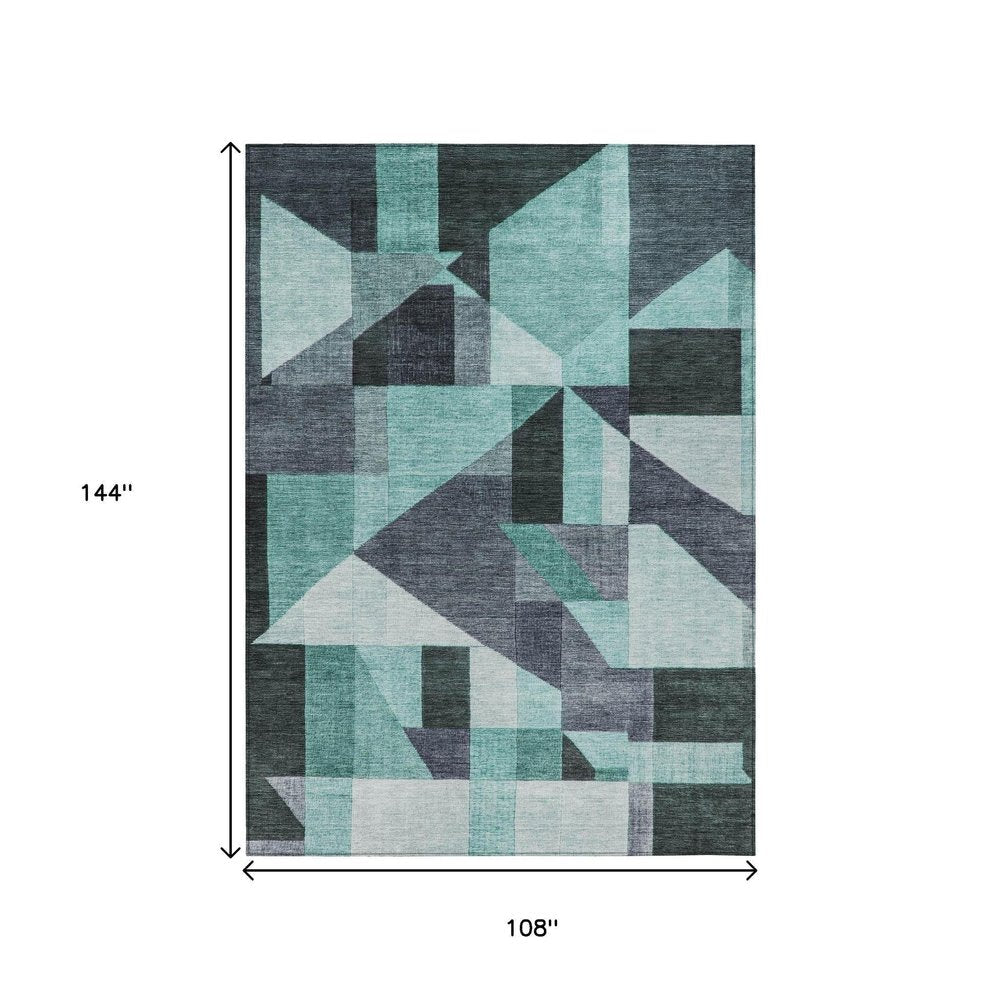 9' X 12' Teal Blue And Gray Geometric Washable Indoor Outdoor Area Rug HomeRoots
