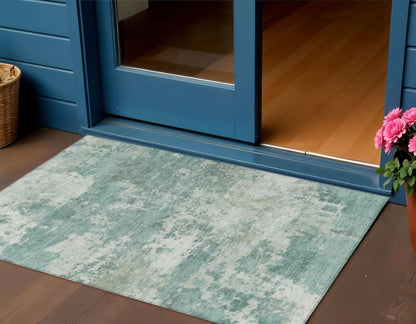 3' X 5' Aqua And Ivory Abstract Washable Indoor Outdoor Area Rug HomeRoots