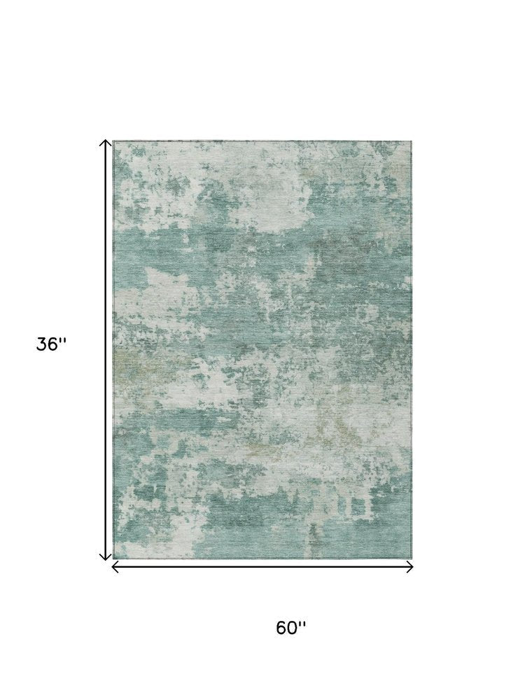 3' X 5' Aqua And Ivory Abstract Washable Indoor Outdoor Area Rug HomeRoots