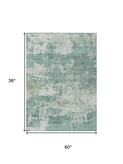 3' X 5' Aqua And Ivory Abstract Washable Indoor Outdoor Area Rug HomeRoots