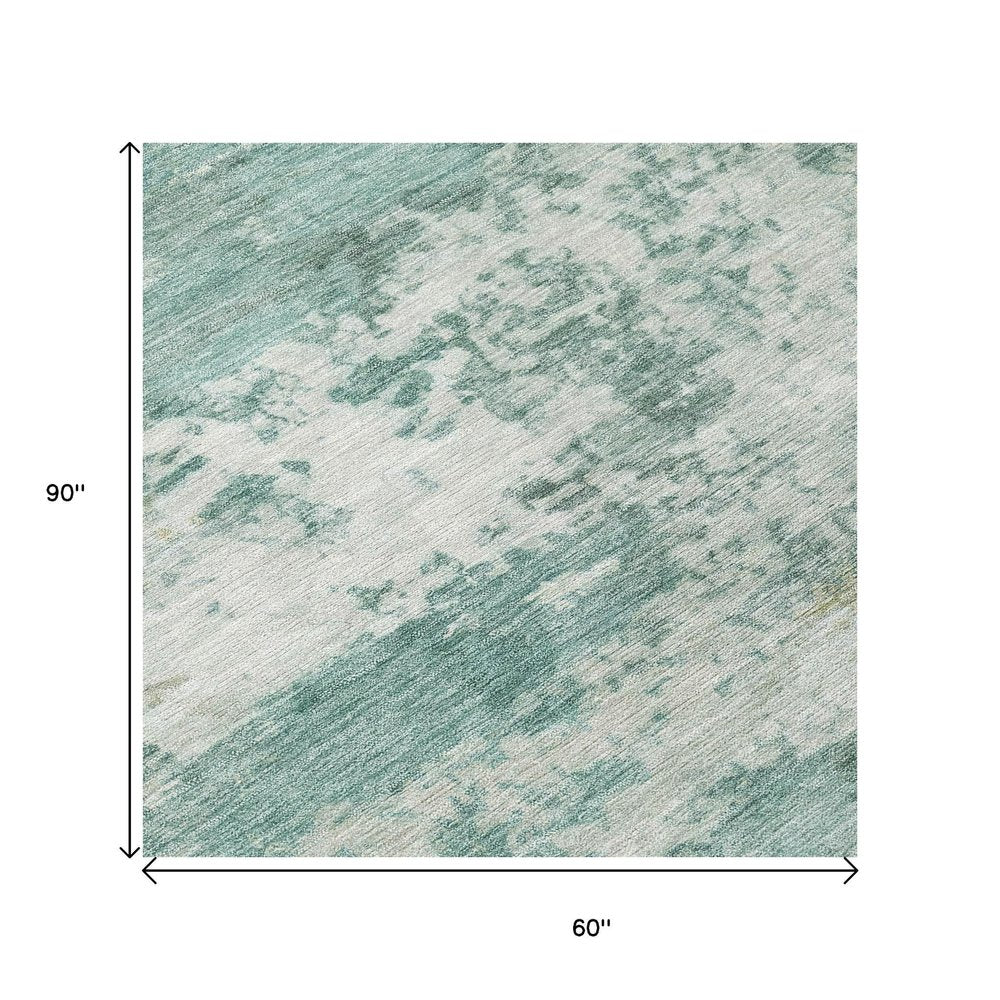 5' X 8' Aqua And Ivory Abstract Washable Indoor Outdoor Area Rug HomeRoots