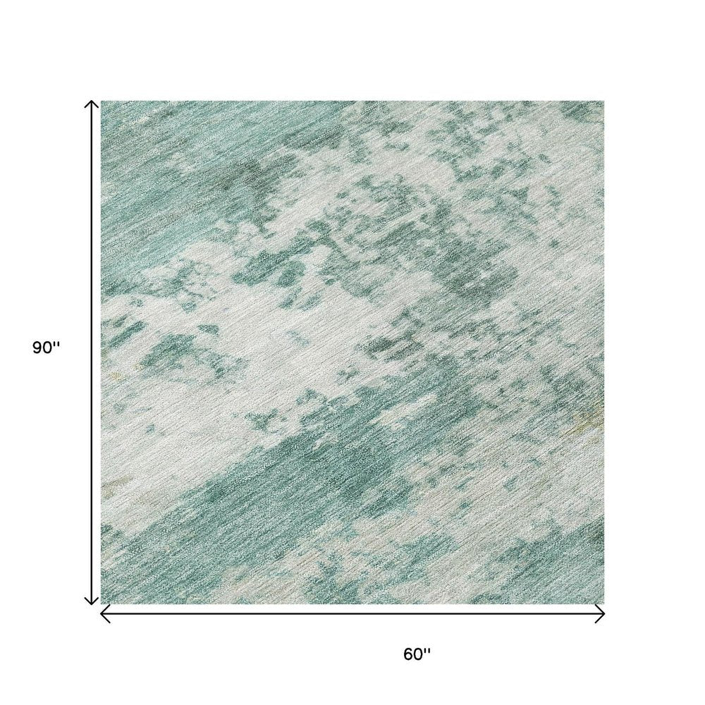 5' X 8' Aqua And Ivory Abstract Washable Indoor Outdoor Area Rug HomeRoots