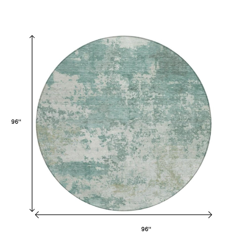 8' Aqua And Ivory Round Abstract Washable Indoor Outdoor Area Rug HomeRoots