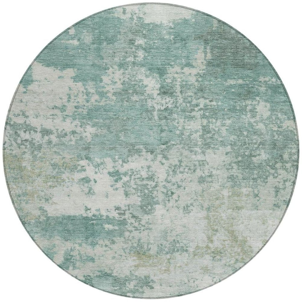 8' Aqua And Ivory Round Abstract Washable Indoor Outdoor Area Rug HomeRoots