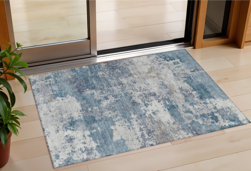 3' X 5' Blue And Ivory Abstract Washable Indoor Outdoor Area Rug HomeRoots