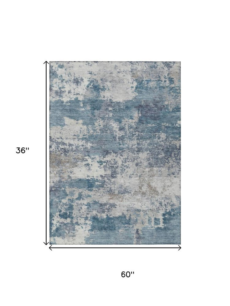 3' X 5' Blue And Ivory Abstract Washable Indoor Outdoor Area Rug HomeRoots