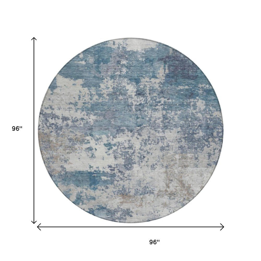 8' Blue And Ivory Round Abstract Washable Indoor Outdoor Area Rug HomeRoots