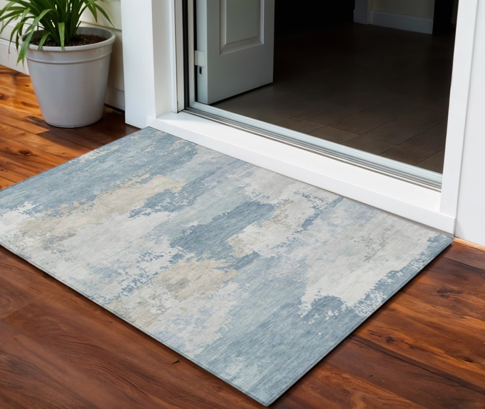 3' X 5' Sky Blue And Ivory Abstract Washable Indoor Outdoor Area Rug HomeRoots