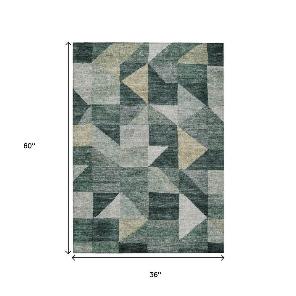 3' X 5' Artichoke Green And Wheat Geometric Washable Indoor Outdoor Area Rug HomeRoots