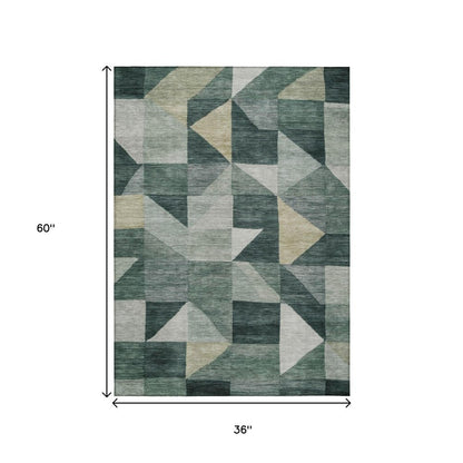 3' X 5' Artichoke Green And Wheat Geometric Washable Indoor Outdoor Area Rug HomeRoots