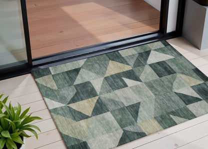 3' X 5' Artichoke Green And Wheat Geometric Washable Indoor Outdoor Area Rug HomeRoots