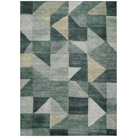 3' X 5' Artichoke Green And Wheat Geometric Washable Indoor Outdoor Area Rug