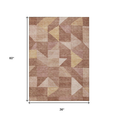 3' X 5' Blush And Wheat Geometric Washable Indoor Outdoor Area Rug
