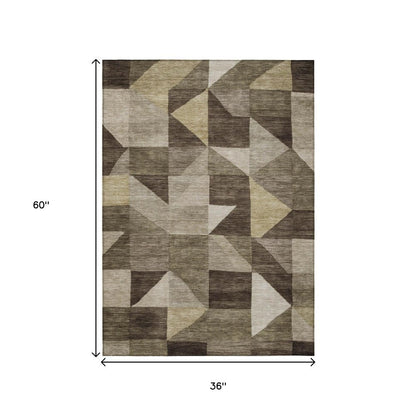 3' X 5' Brown And Beige Geometric Washable Indoor Outdoor Area Rug