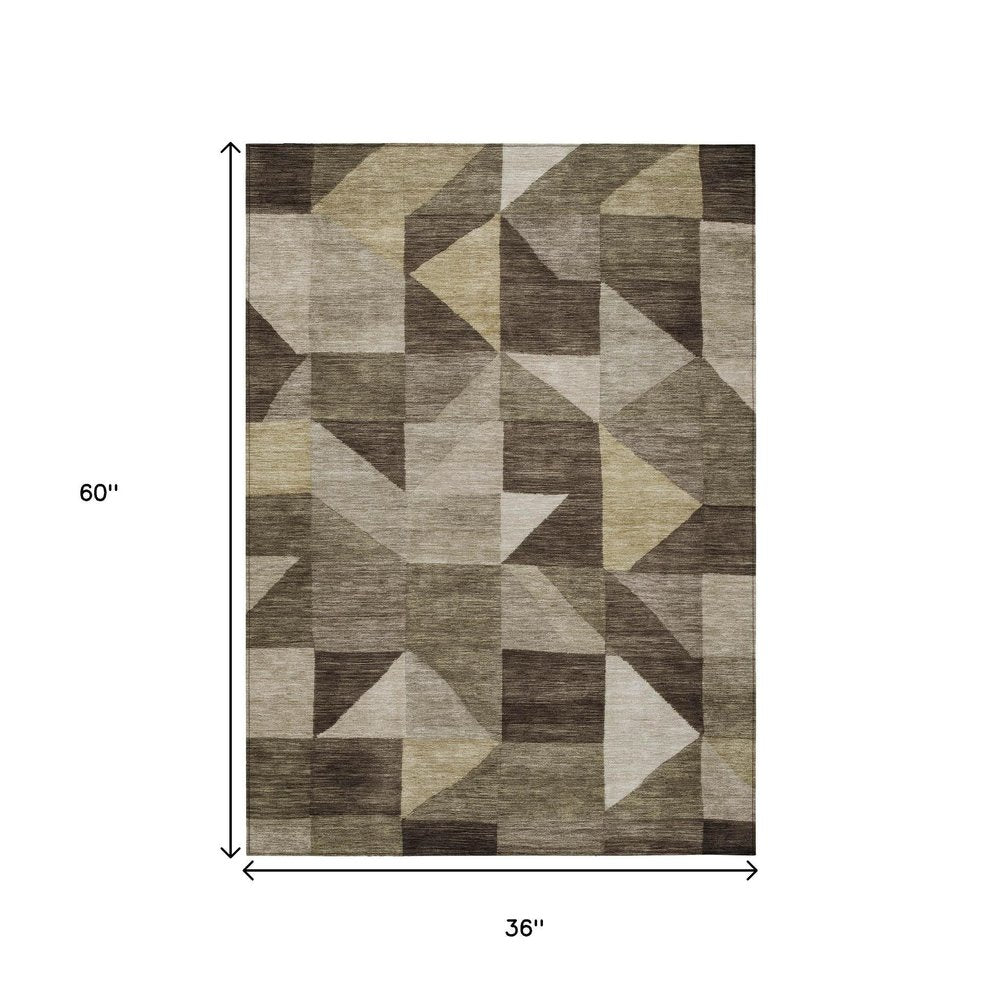 3' X 5' Brown And Beige Geometric Washable Indoor Outdoor Area Rug — view 7