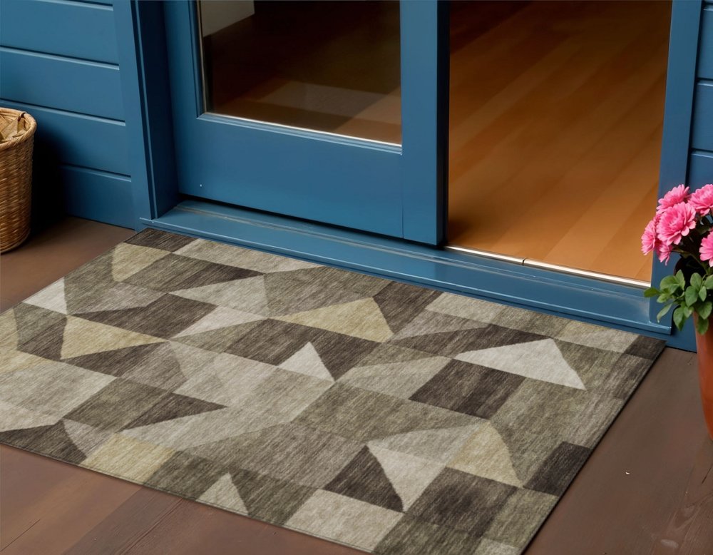 3' X 5' Brown And Beige Geometric Washable Indoor Outdoor Area Rug