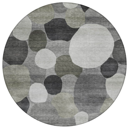 8' Gray And Silver Round Geometric Washable Indoor Outdoor Area Rug HomeRoots