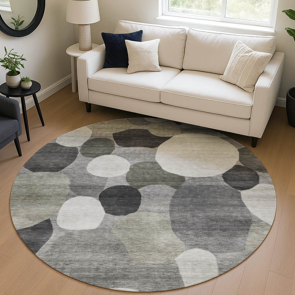 8' Gray And Silver Round Geometric Washable Indoor Outdoor Area Rug — view 15