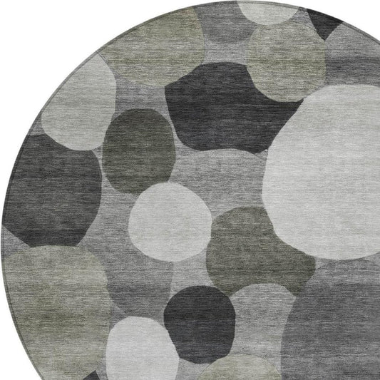 8' Gray And Silver Round Geometric Washable Indoor Outdoor Area Rug