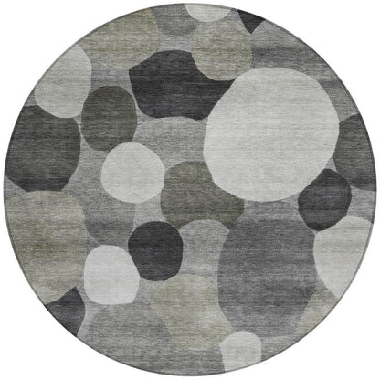 8' Gray And Silver Round Geometric Washable Indoor Outdoor Area Rug HomeRoots