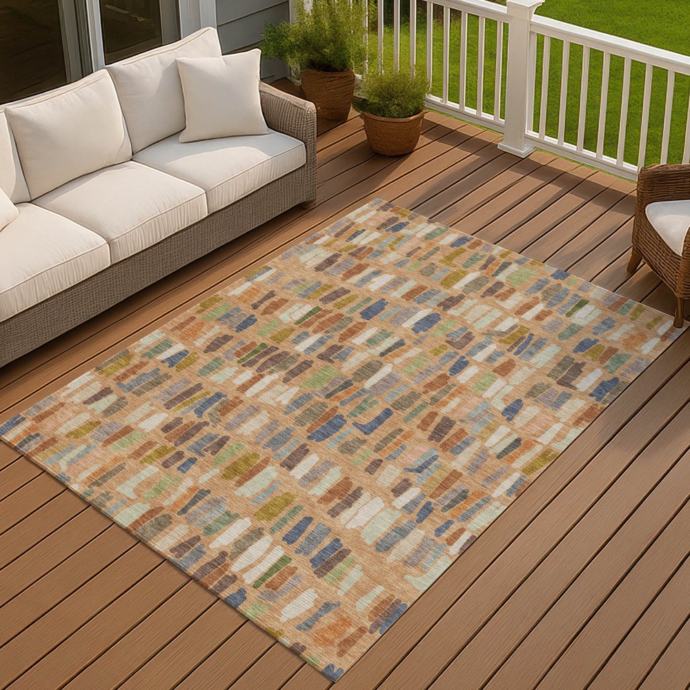 8' X 10' Copper Blue And Ivory Striped Washable Indoor Outdoor Area Rug HomeRoots
