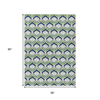 3' X 5' Blue Ivory And Green Geometric Washable Indoor Outdoor Area Rug HomeRoots
