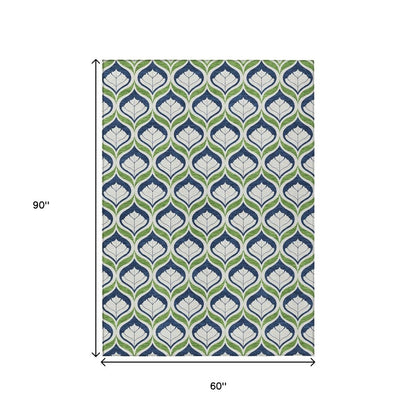5' X 8' Blue Ivory And Green Geometric Washable Indoor Outdoor Area Rug HomeRoots
