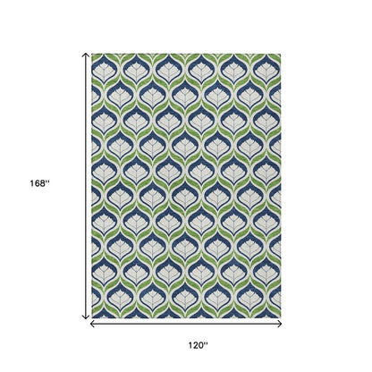 10' X 14' Blue Ivory And Green Geometric Washable Indoor Outdoor Area Rug HomeRoots