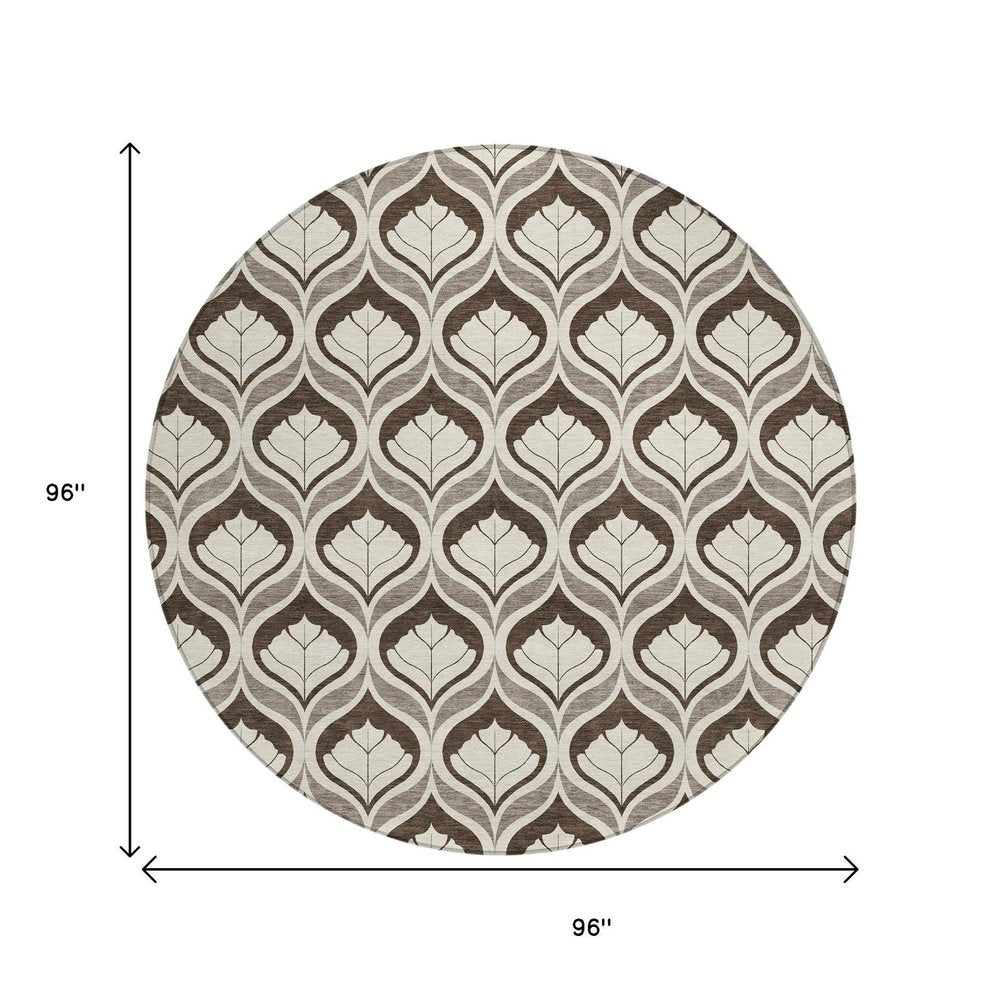 8' Brown And Beige Round Geometric Washable Indoor Outdoor Area Rug HomeRoots