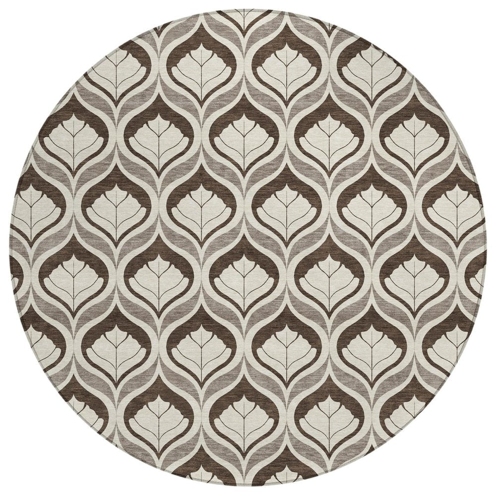 8' Brown And Beige Round Geometric Washable Indoor Outdoor Area Rug HomeRoots