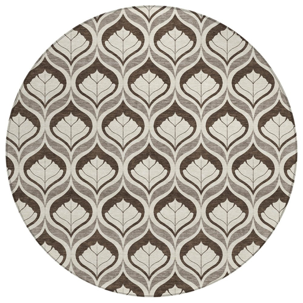 8' Brown And Beige Round Geometric Washable Indoor Outdoor Area Rug HomeRoots