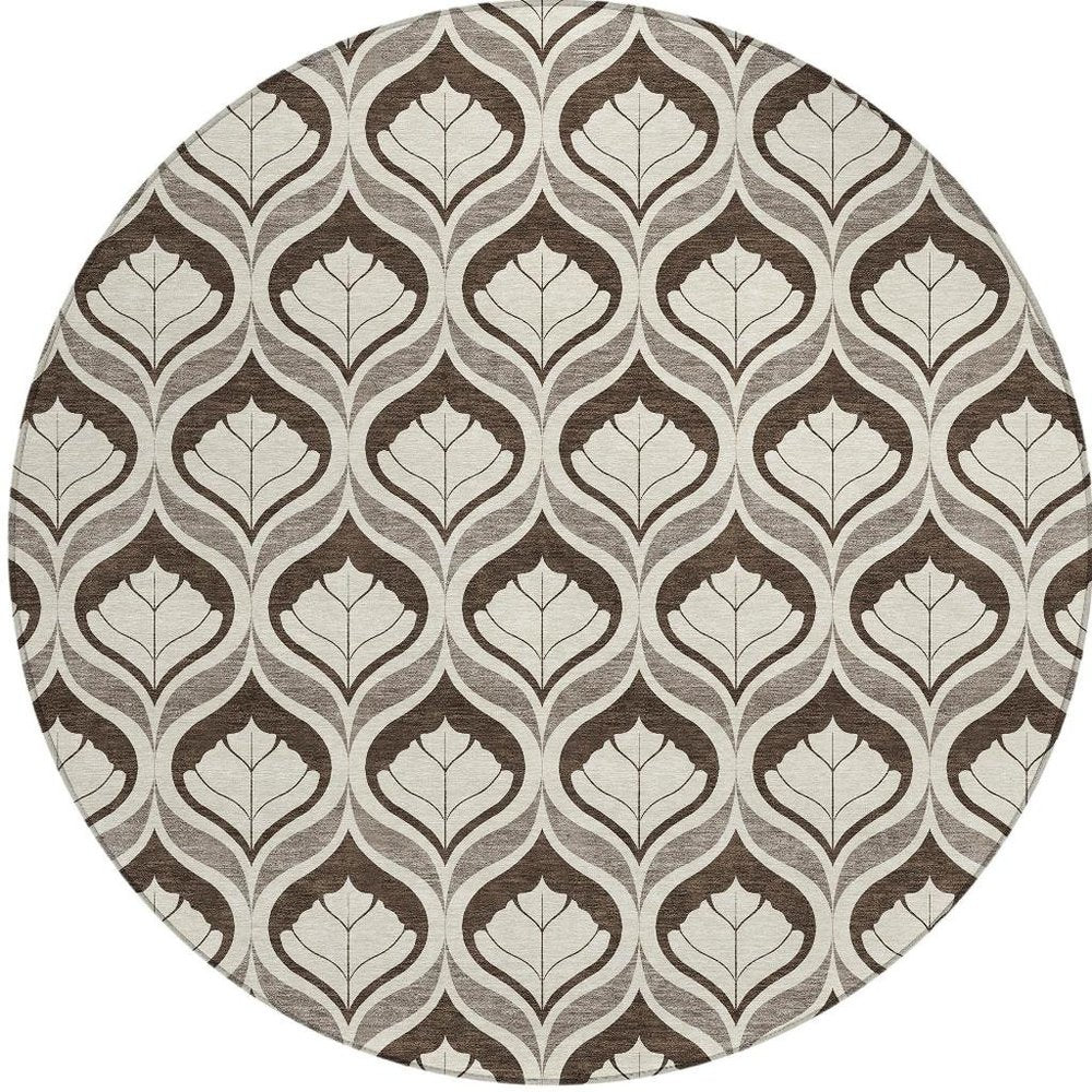 8' Brown And Beige Round Geometric Washable Indoor Outdoor Area Rug HomeRoots