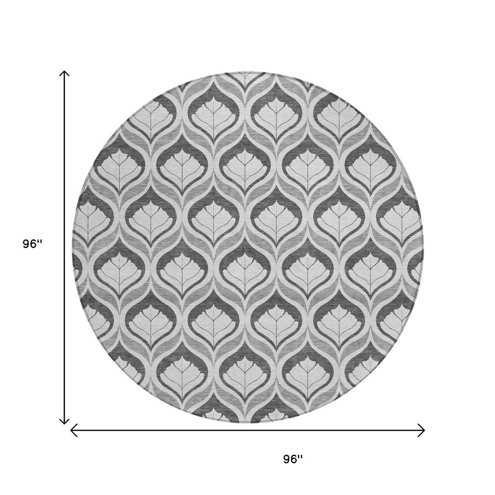 8' Charcoal And Silver Round Geometric Washable Indoor Outdoor Area Rug HomeRoots