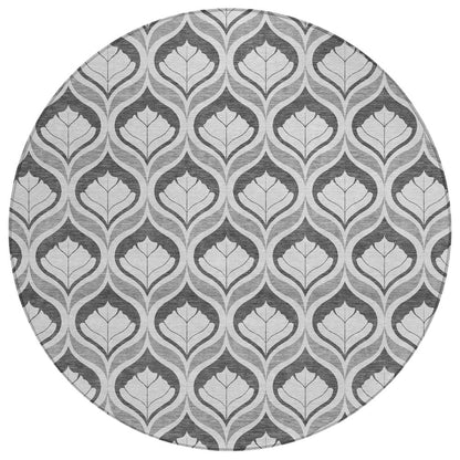 8' Charcoal And Silver Round Geometric Washable Indoor Outdoor Area Rug HomeRoots