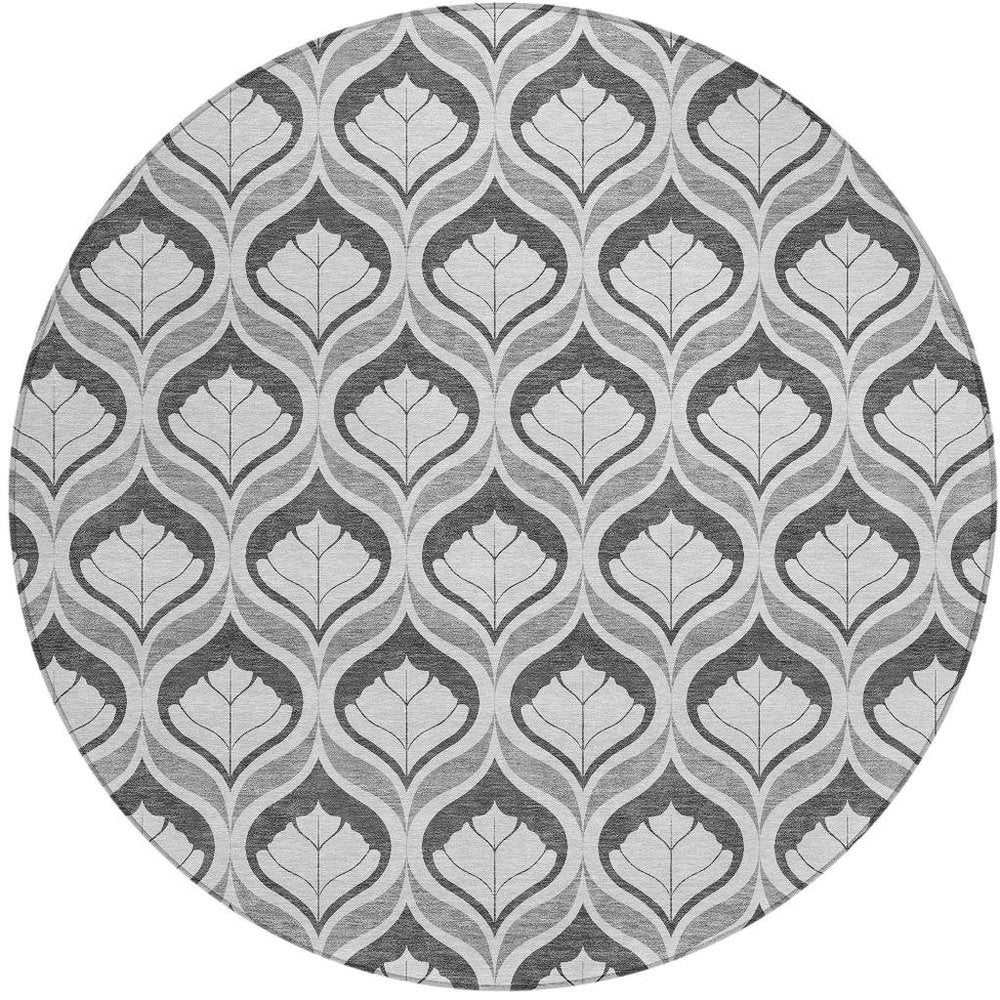 8' Charcoal And Silver Round Geometric Washable Indoor Outdoor Area Rug HomeRoots