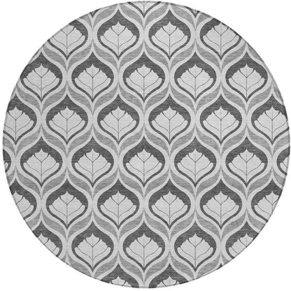 8' Charcoal And Silver Round Geometric Washable Indoor Outdoor Area Rug HomeRoots