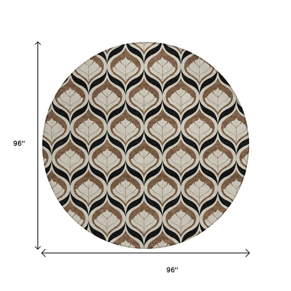 8' Chocolate Beige And Brown Round Geometric Washable Indoor Outdoor Area Rug HomeRoots