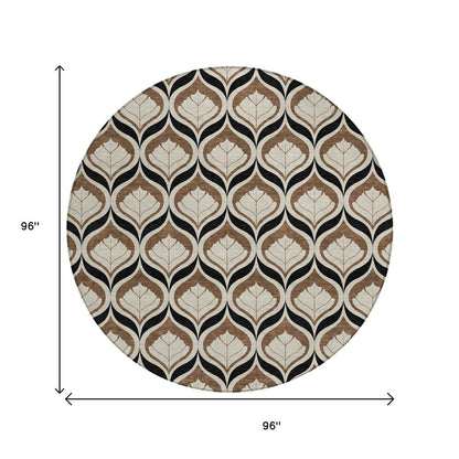 8' Chocolate Beige And Brown Round Geometric Washable Indoor Outdoor Area Rug