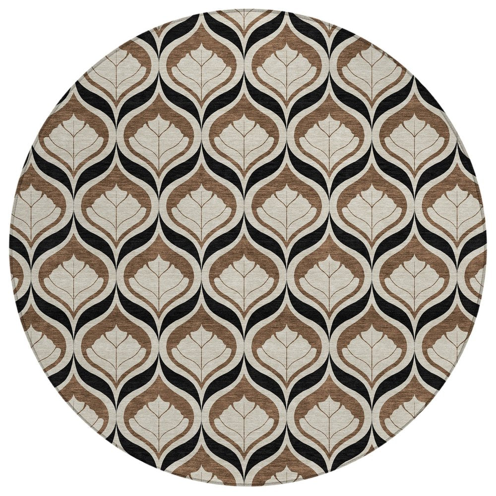 8' Chocolate Beige And Brown Round Geometric Washable Indoor Outdoor Area Rug HomeRoots