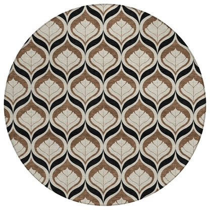 8' Chocolate Beige And Brown Round Geometric Washable Indoor Outdoor Area Rug HomeRoots
