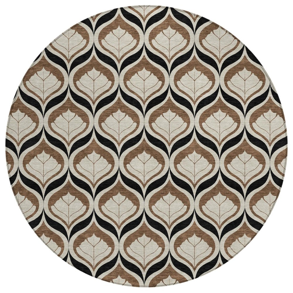 8' Chocolate Beige And Brown Round Geometric Washable Indoor Outdoor Area Rug