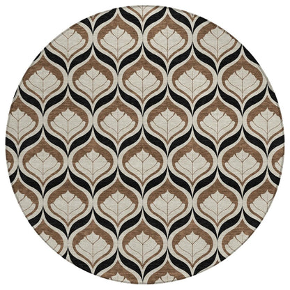 8' Chocolate Beige And Brown Round Geometric Washable Indoor Outdoor Area Rug