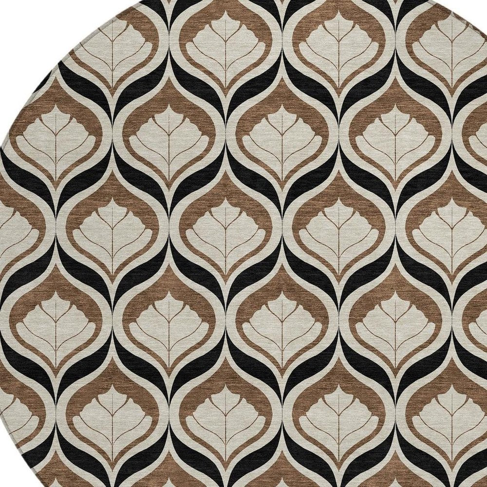 8' Chocolate Beige And Brown Round Geometric Washable Indoor Outdoor Area Rug