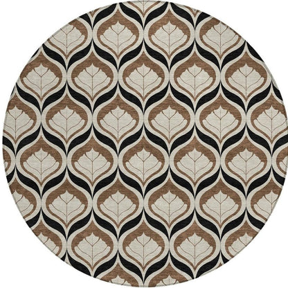 8' Chocolate Beige And Brown Round Geometric Washable Indoor Outdoor Area Rug HomeRoots
