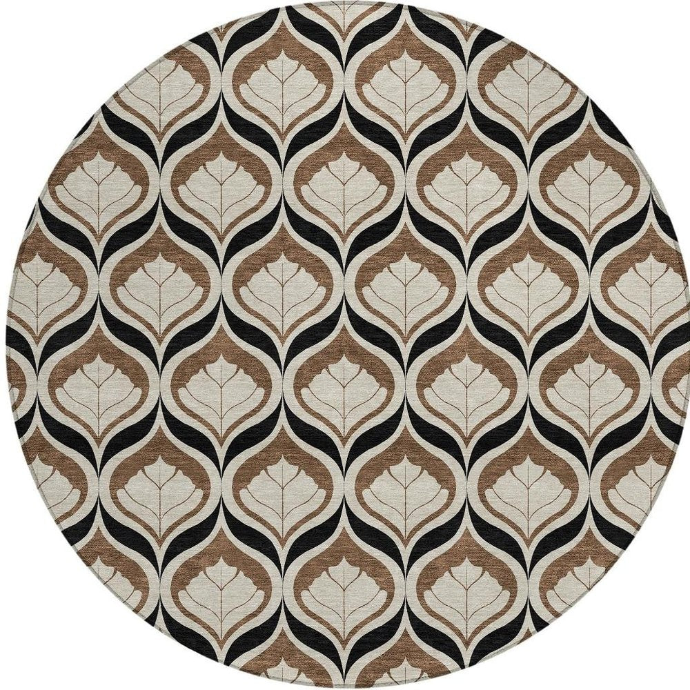 8' Chocolate Beige And Brown Round Geometric Washable Indoor Outdoor Area Rug