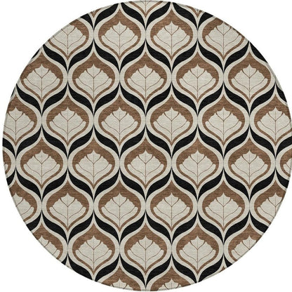 8' Chocolate Beige And Brown Round Geometric Washable Indoor Outdoor Area Rug