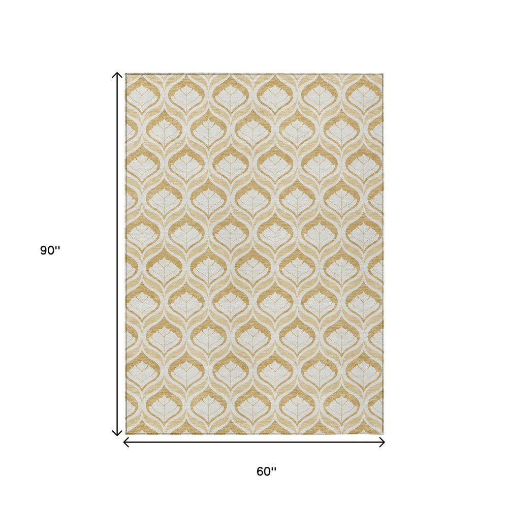 5' X 8' Gold And Ivory Geometric Washable Indoor Outdoor Area Rug HomeRoots