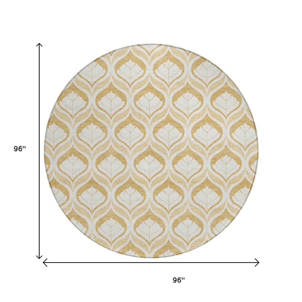 8' Gold And Ivory Round Geometric Washable Indoor Outdoor Area Rug HomeRoots